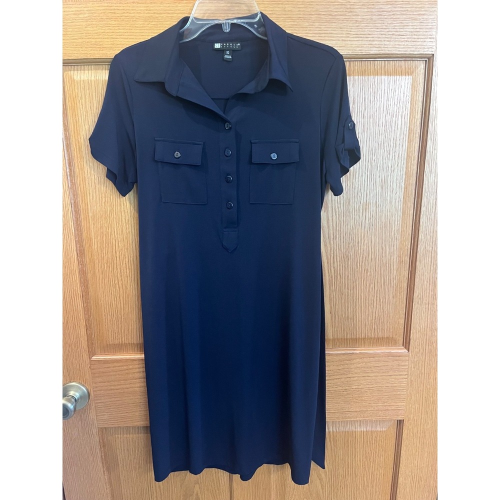 Carole Little Midi Shirt Dress Navy Blue Button Short Sleeve Size 10